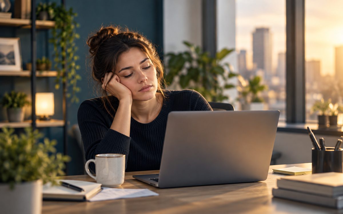 A person at their desk in the early afternoon, resting their head on their hand, visibly worn out in front of their laptop.