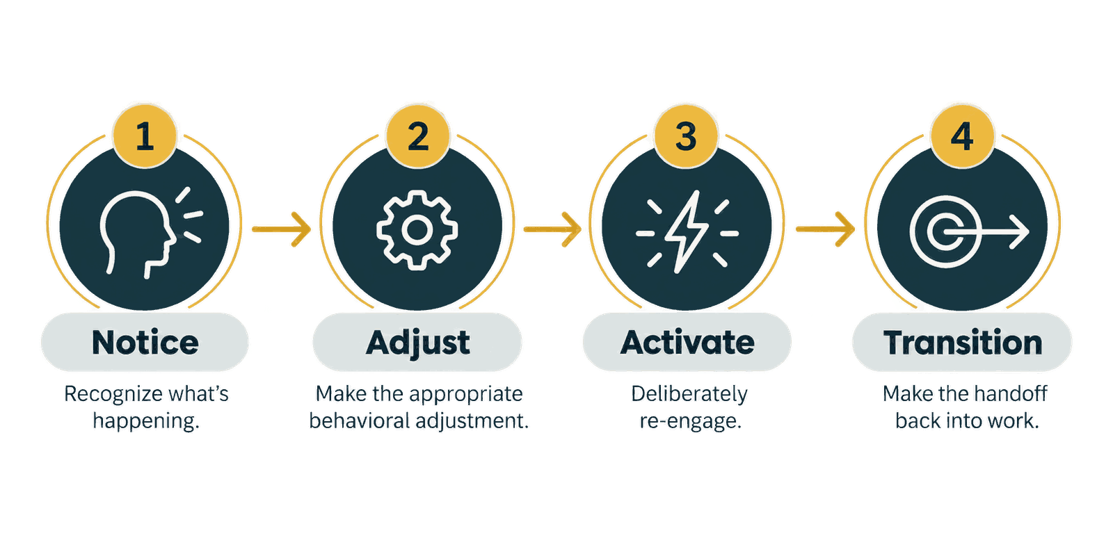 Diagram of the four-step Notice, Adjust, Activate, Transition sequence, numbered 1 through 4 with icons.